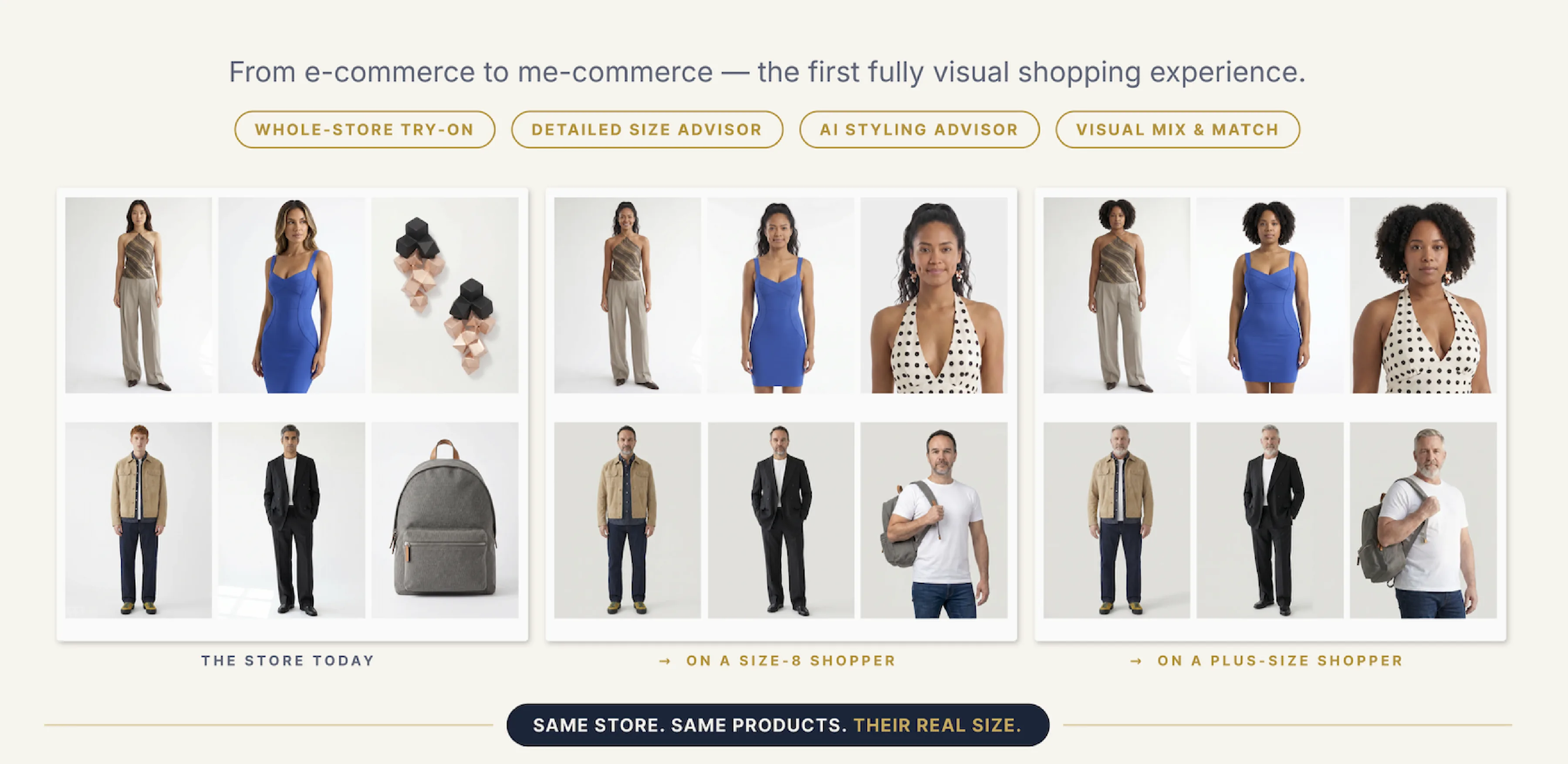 Same store, same products — on the original models, on a size-8 shopper, and on a plus-size shopper. Their real size.