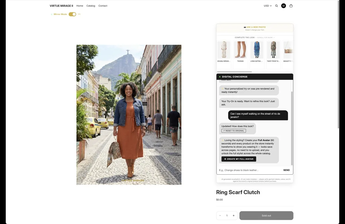 The customer in their own outfit, placed in a custom location by the AI stylist