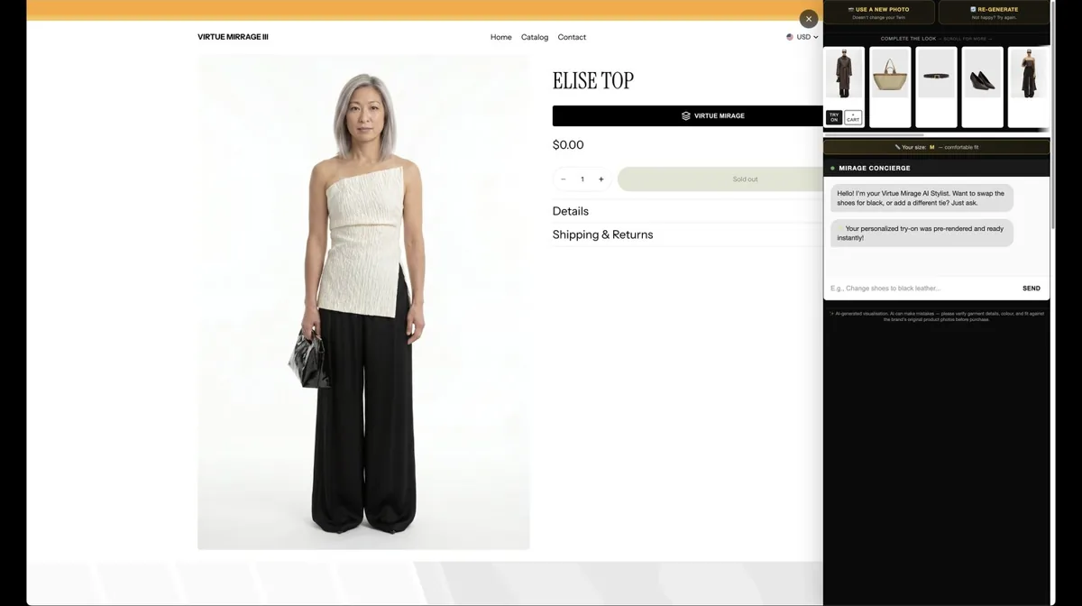 A shopper shown wearing the outfit in a styled street-window scene