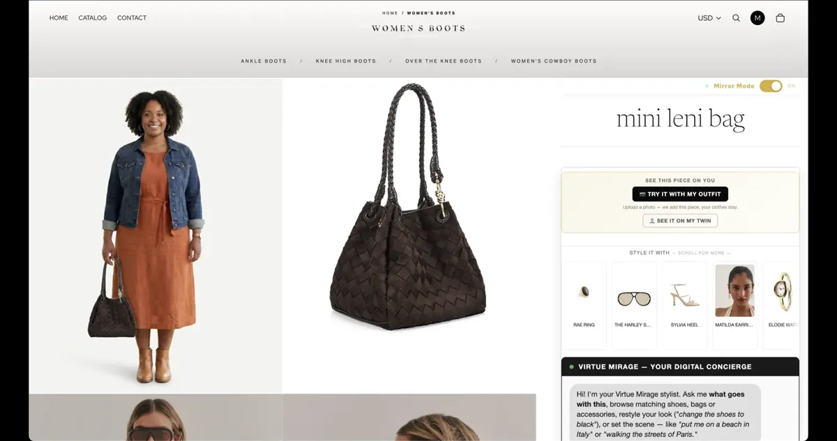 Handbags and accessories shown on the customer's own AI avatar