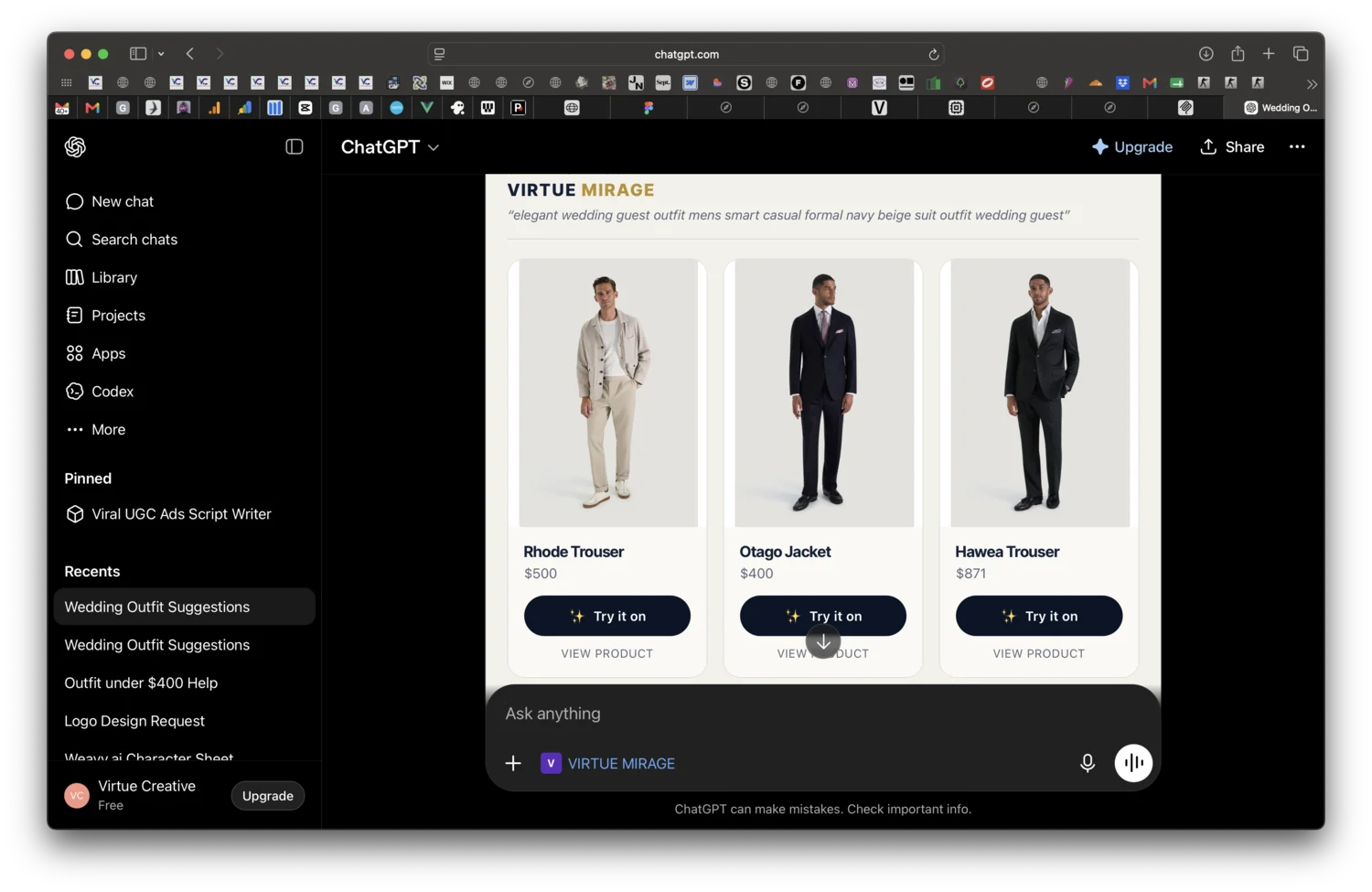 ChatGPT showing Virtue Mirage product cards with a Try it on button
