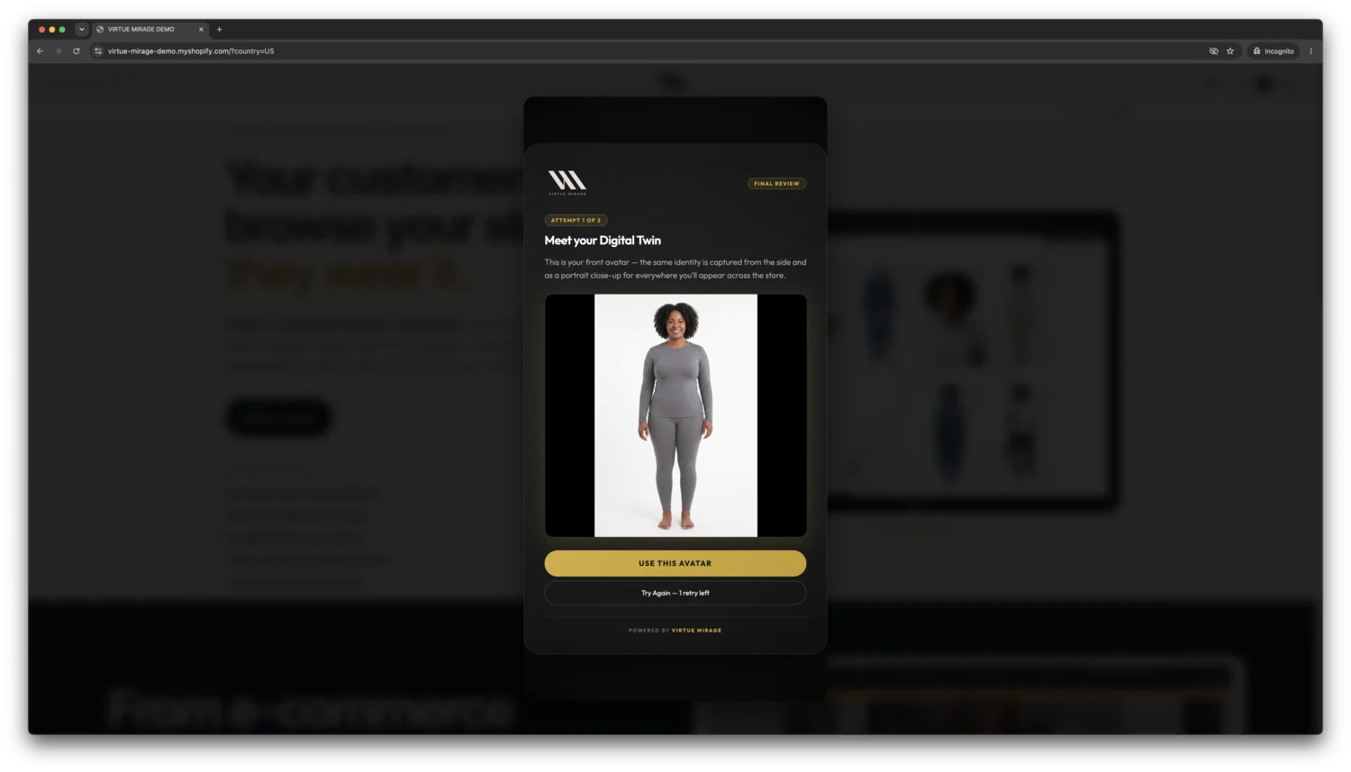 The Meet your Digital Twin review step — the customer's freshly generated avatar shown for final review before it's used across the store