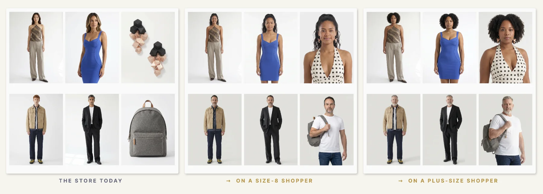 The same store shown three ways — on the original models, on a size-8 shopper, and on a plus-size shopper