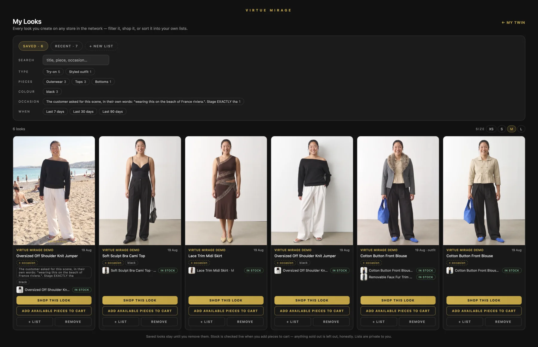 The customer's full lookbook — looks from every network store in one place, with filters, lists, occasion tags, live stock and Shop this look