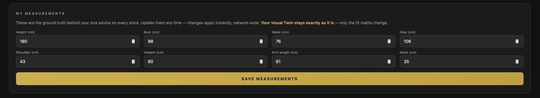 The customer's own measurements — height, bust, waist, hips, shoulder, inseam, arm, neck — the ground truth behind size advice on every store; updates apply network-wide while the visual Twin stays as it is