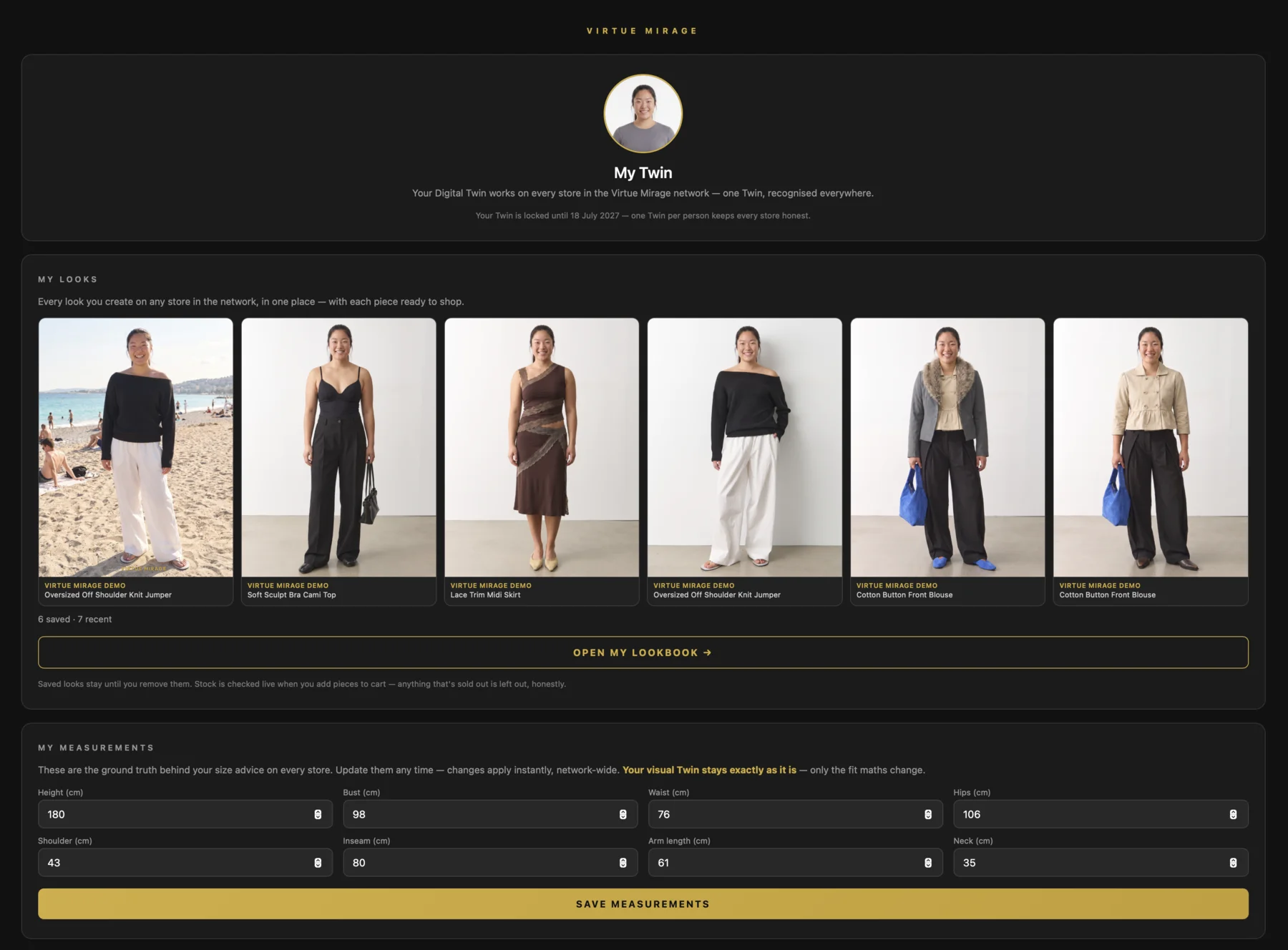 Your My Twin dashboard — your Twin, your saved looks from every brand, and your measurements, all in one place