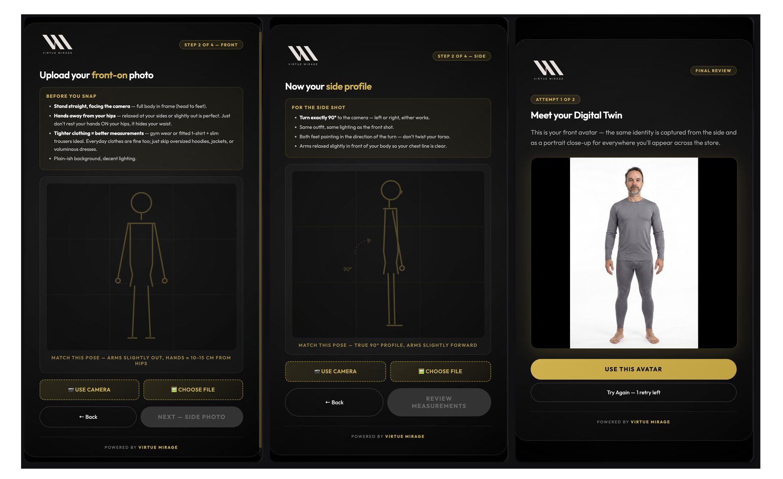 Virtue Mirage onboarding — uploading a front-on photo and a side profile, then reviewing the generated Digital Twin