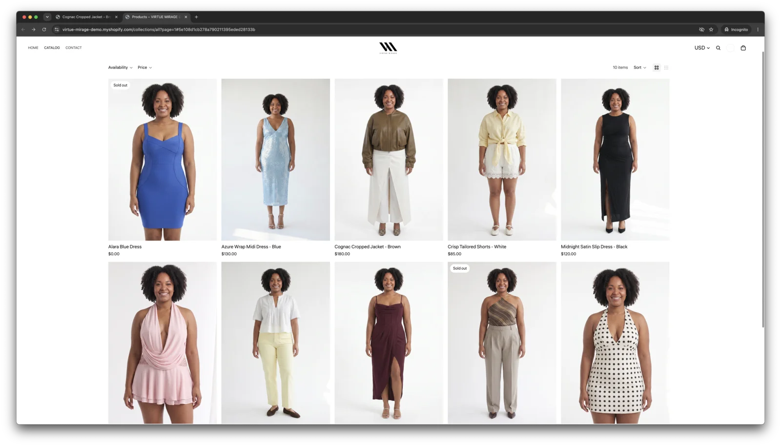 The same demo store with Mirror Mode on — every product shown on the customer's own Twin at their real size