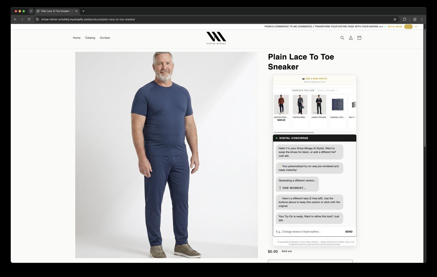 Accessory mode — bag added to customer's own outfit without changing clothing