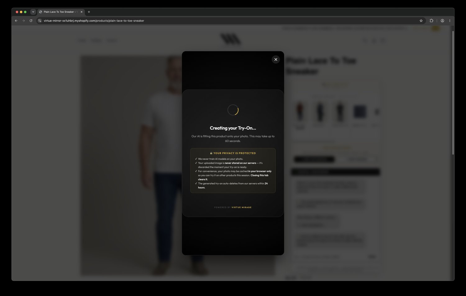 Quick Try-On modal — guest uploads one photo, sees product on themselves in 60 seconds